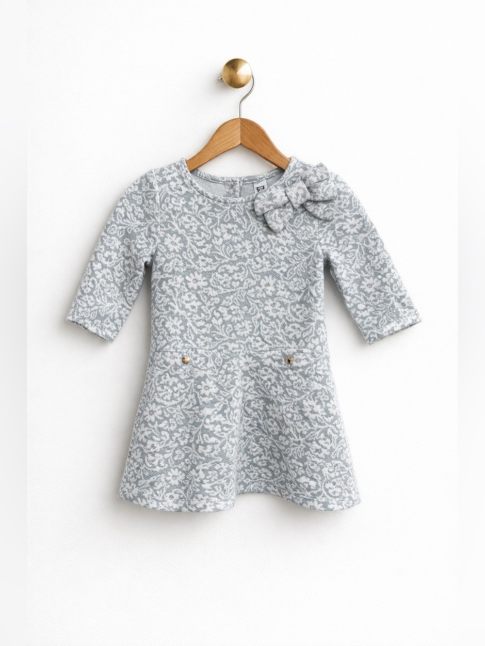 Janie and Jack Floral Knit Dress Size 6 Bow Detail Classic Gray White
